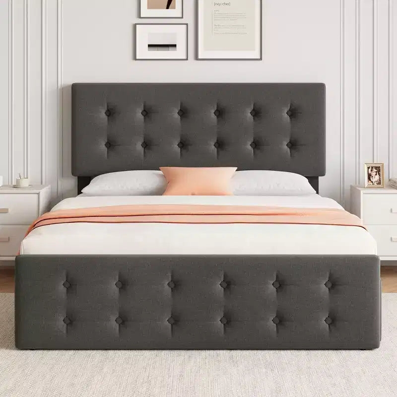 Linen Upholstered Bed Frame with 4 Storage Drawers | Metal Frame & Button Tufted Headboard | Wood Slat Support | No Box Spring Needed