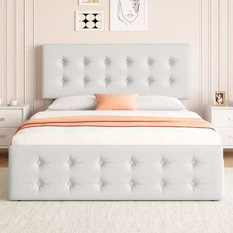Linen Upholstered Bed Frame with 4 Storage Drawers | Metal Frame & Button Tufted Headboard | Wood Slat Support | No Box Spring Needed