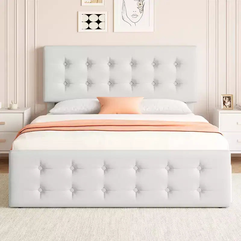 Linen Upholstered Bed Frame with 4 Storage Drawers | Metal Frame & Button Tufted Headboard | Wood Slat Support | No Box Spring Needed