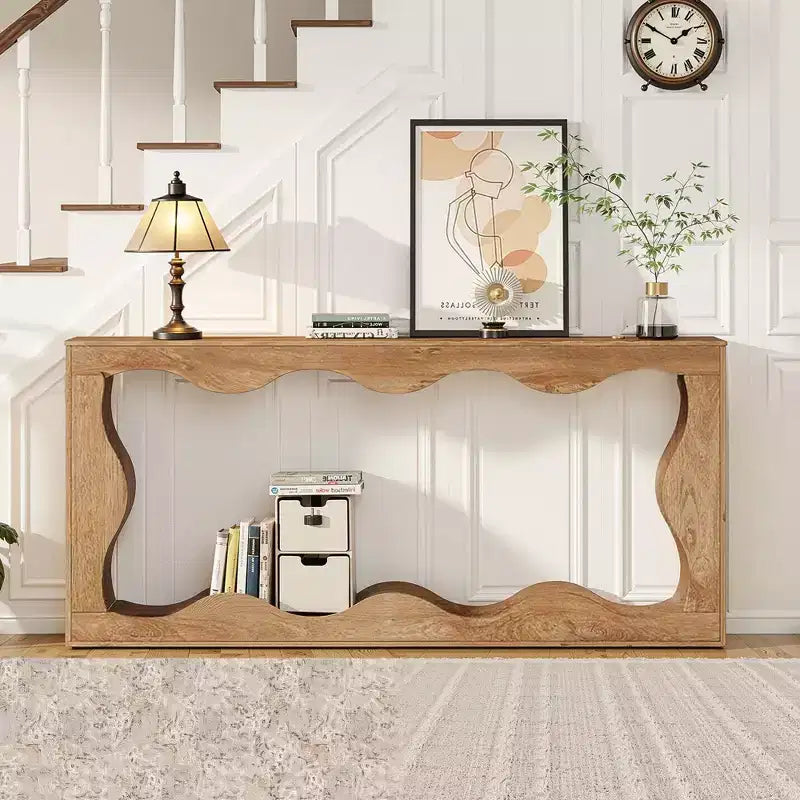 MAYEERTY 63 Wavy Scalloped 2-Tier Console Table, Retro Farmhouse Entryway Table with Natural Wood Grain