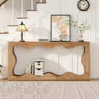 MAYEERTY 63 Wavy Scalloped 2-Tier Console Table, Retro Farmhouse Entryway Table with Natural Wood Grain