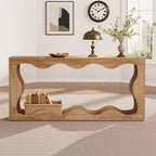 MAYEERTY 63 Wavy Scalloped 2-Tier Console Table, Retro Farmhouse Entryway Table with Natural Wood Grain