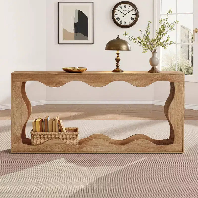 MAYEERTY 63 Wavy Scalloped 2-Tier Console Table, Retro Farmhouse Entryway Table with Natural Wood Grain