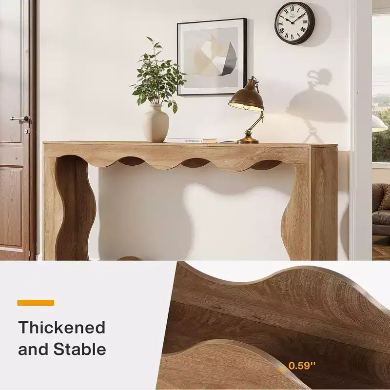 MAYEERTY 63 Wavy Scalloped 2-Tier Console Table, Retro Farmhouse Entryway Table with Natural Wood Grain