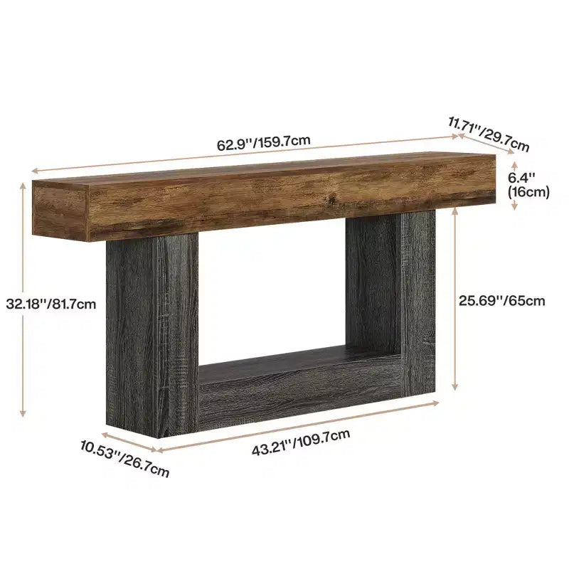 MAYEERTY 63 Wavy Scalloped 2-Tier Console Table, Retro Farmhouse Entryway Table with Natural Wood Grain