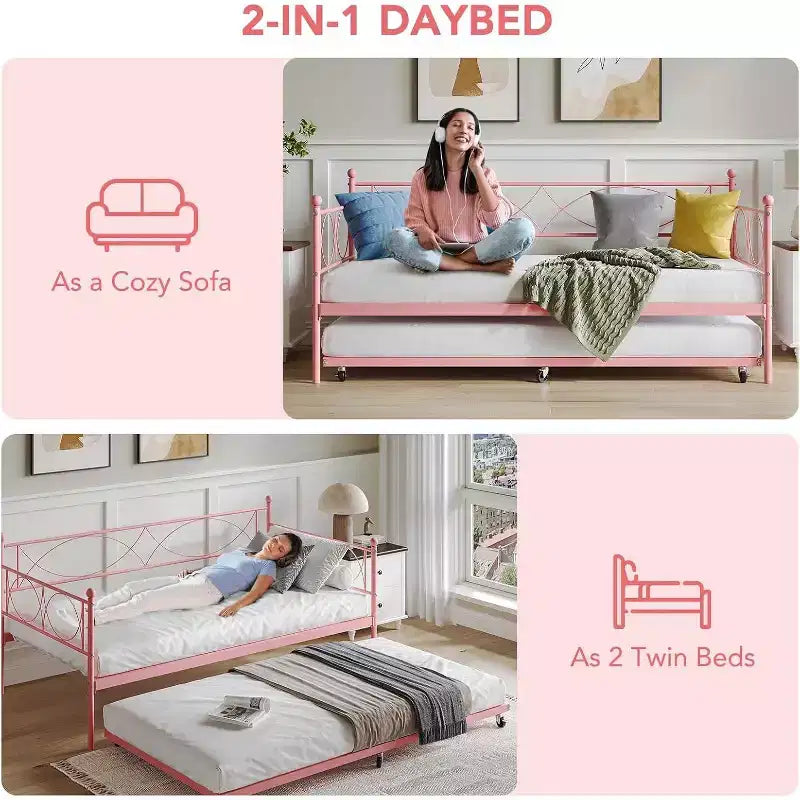 Divano Letto con Letto Estraibile, Divano Letto Singolo con Letto Estraibile, Supporto con Doghe in Metallo, Struttura Letto 2-in-1 per Camera da Letto, Soggiorno, Camera degli Ospiti