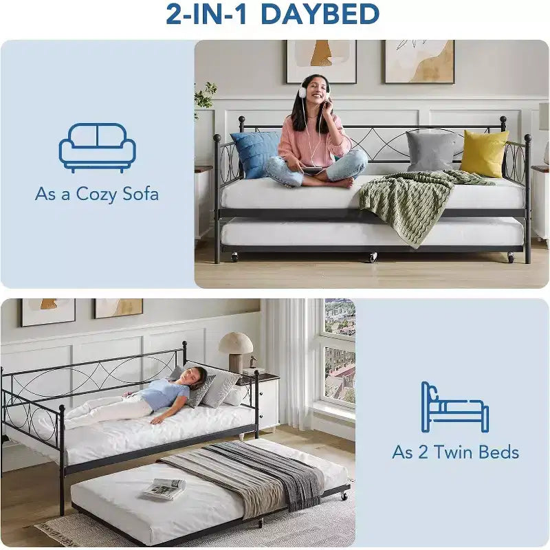 Divano Letto con Letto Estraibile, Divano Letto Singolo con Letto Estraibile, Supporto con Doghe in Metallo, Struttura Letto 2-in-1 per Camera da Letto, Soggiorno, Camera degli Ospiti