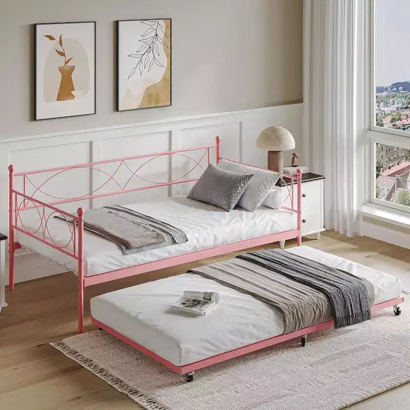 Daybed with Trundle, Twin Day Bed with Pull Out Trundle, Metal Slats Support, 2-in-1 Daybed Bed Frame for Bedroom, Living Room, Guest Room