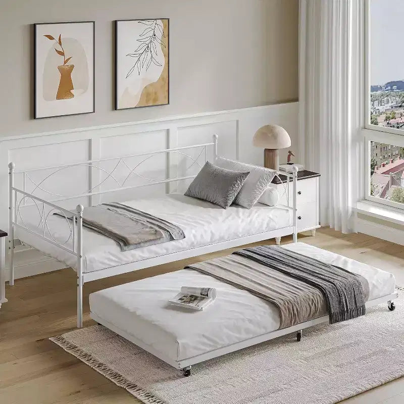 Daybed with Trundle, Twin Day Bed with Pull Out Trundle, Metal Slats Support, 2-in-1 Daybed Bed Frame for Bedroom, Living Room, Guest Room