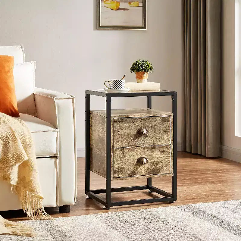 VECELO Modern Nightstand, Bedside End Table with Drawer for Living Room Bedroom, Tempered Glass, Gray