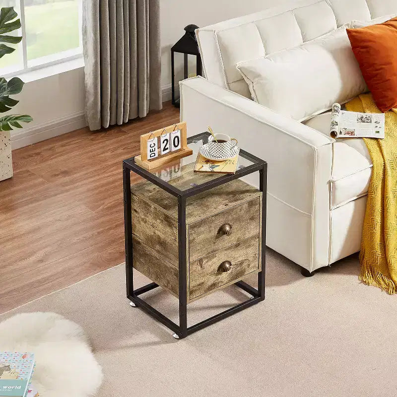 VECELO Modern Nightstand, Bedside End Table with Drawer for Living Room Bedroom, Tempered Glass, Gray