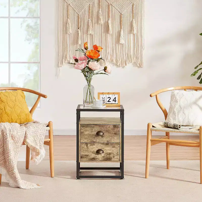 VECELO Modern Nightstand, Bedside End Table with Drawer for Living Room Bedroom, Tempered Glass, Gray
