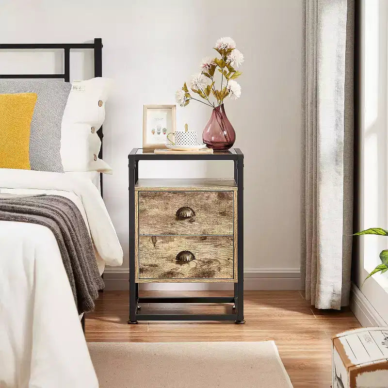 VECELO Modern Nightstand, Bedside End Table with Drawer for Living Room Bedroom, Tempered Glass, Gray