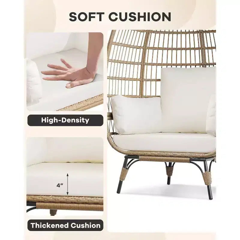 Poltrona a uovo oversize in rattan da esterno con struttura in acciaio e 4 cuscini per patio, portico, cortile, salotti