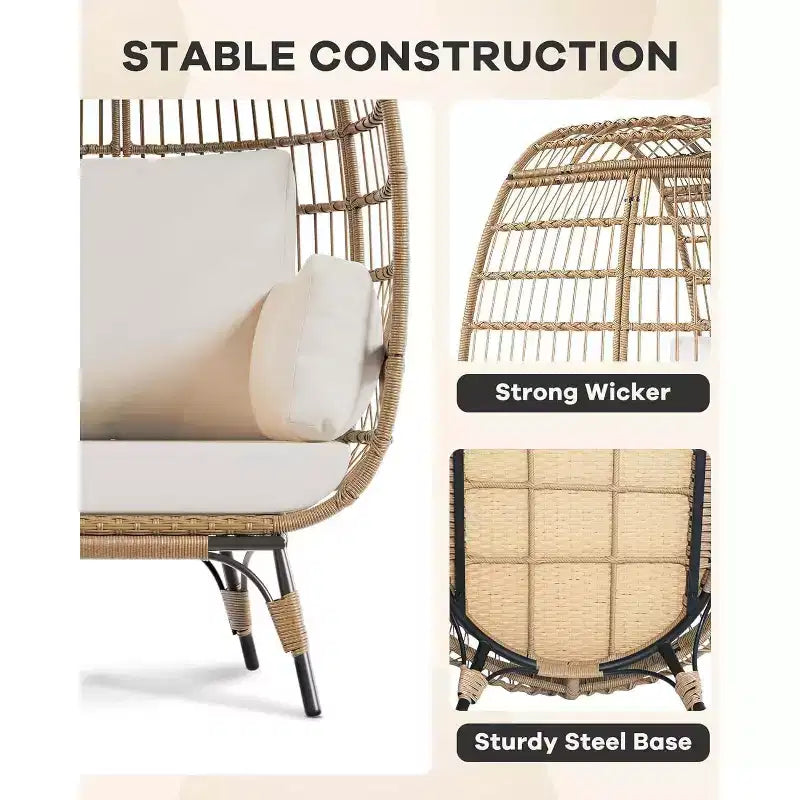 Poltrona a uovo oversize in rattan da esterno con struttura in acciaio e 4 cuscini per patio, portico, cortile, salotti