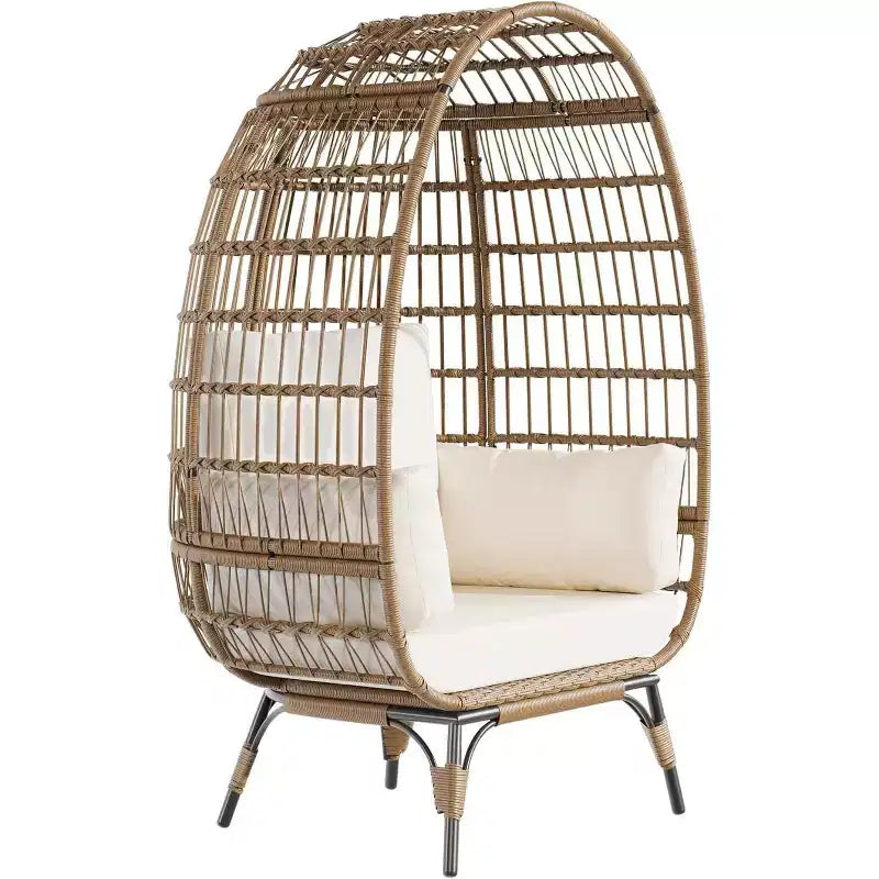 Poltrona a uovo oversize in rattan da esterno con struttura in acciaio e 4 cuscini per patio, portico, cortile, salotti
