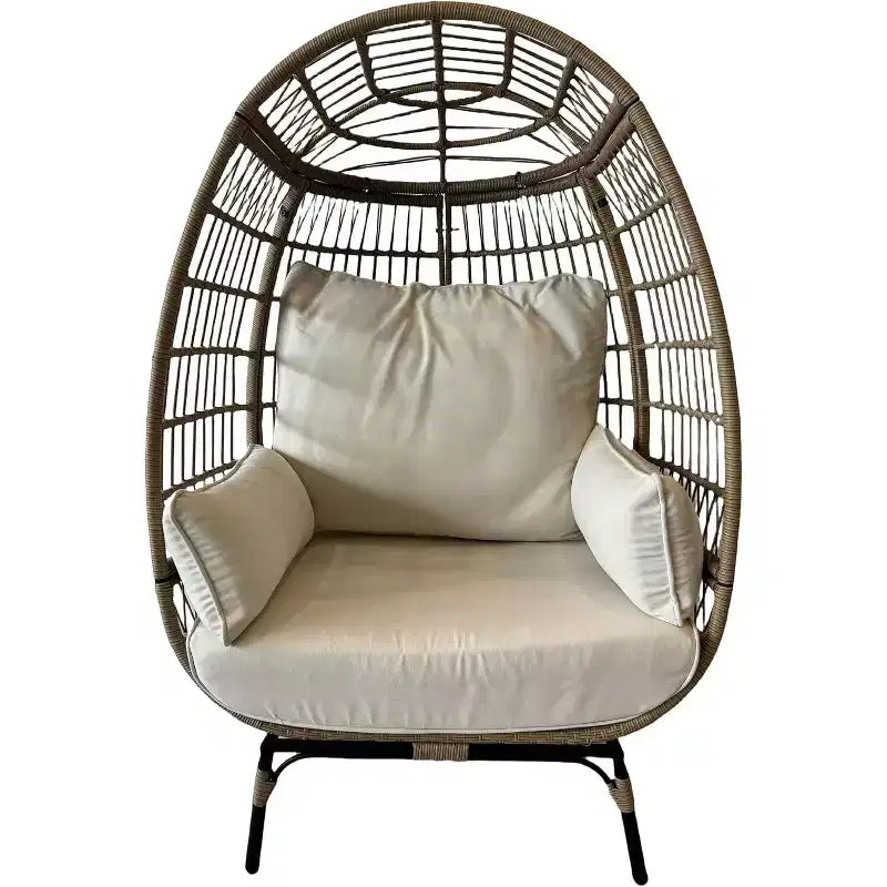 Poltrona a uovo oversize in rattan da esterno con struttura in acciaio e 4 cuscini per patio, portico, cortile, salotti