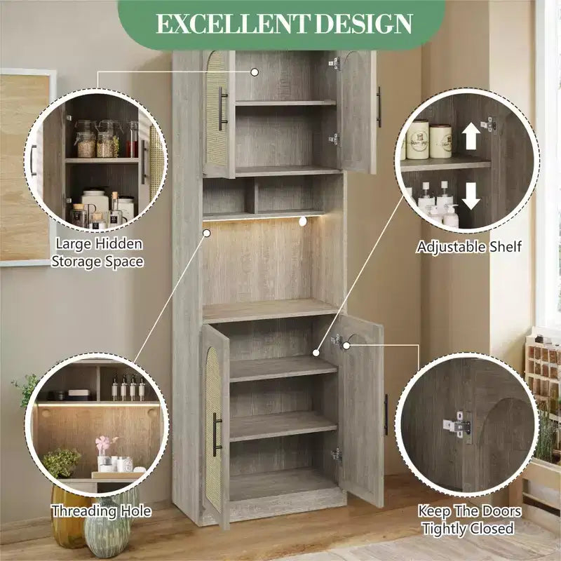 Dispensa da cucina alta 180 cm con supporto per microonde e luce a LED, mobile credenza in rattan stile farmhouse per sala da pranzo, soggiorno, appartamenti