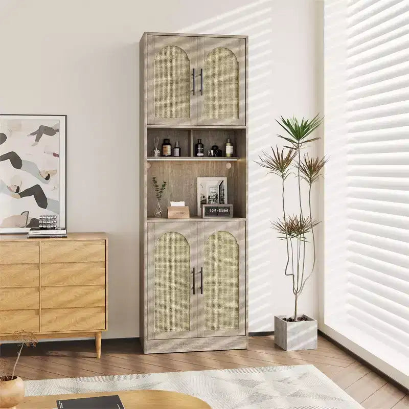 Dispensa da cucina alta 180 cm con supporto per microonde e luce a LED, mobile credenza in rattan stile farmhouse per sala da pranzo, soggiorno, appartamenti