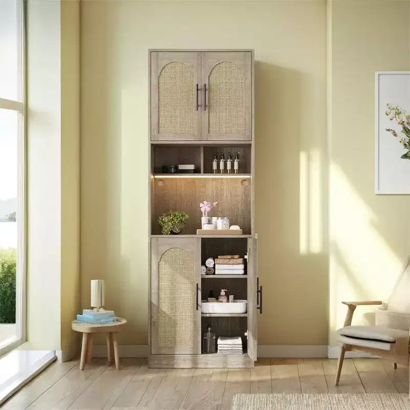 Dispensa da cucina alta 180 cm con supporto per microonde e luce a LED, mobile credenza in rattan stile farmhouse per sala da pranzo, soggiorno, appartamenti
