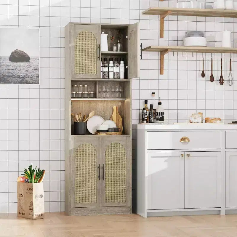 Dispensa da cucina alta 180 cm con supporto per microonde e luce a LED, mobile credenza in rattan stile farmhouse per sala da pranzo, soggiorno, appartamenti