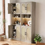 Dispensa da cucina alta 180 cm con supporto per microonde e luce a LED, mobile credenza in rattan stile farmhouse per sala da pranzo, soggiorno, appartamenti