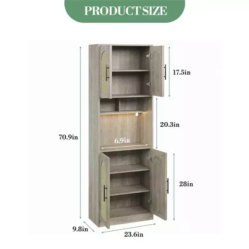 Dispensa da cucina alta 180 cm con supporto per microonde e luce a LED, mobile credenza in rattan stile farmhouse per sala da pranzo, soggiorno, appartamenti