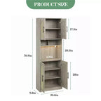 Dispensa da cucina alta 180 cm con supporto per microonde e luce a LED, mobile credenza in rattan stile farmhouse per sala da pranzo, soggiorno, appartamenti