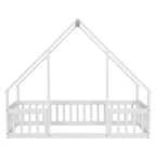 MAYEERTY Twin Wood House-shaped Floor Bed with Fence, Guardrails White