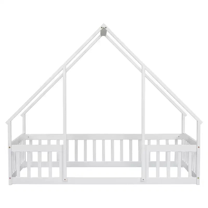 MAYEERTY Twin Wood House-shaped Floor Bed with Fence, Guardrails White
