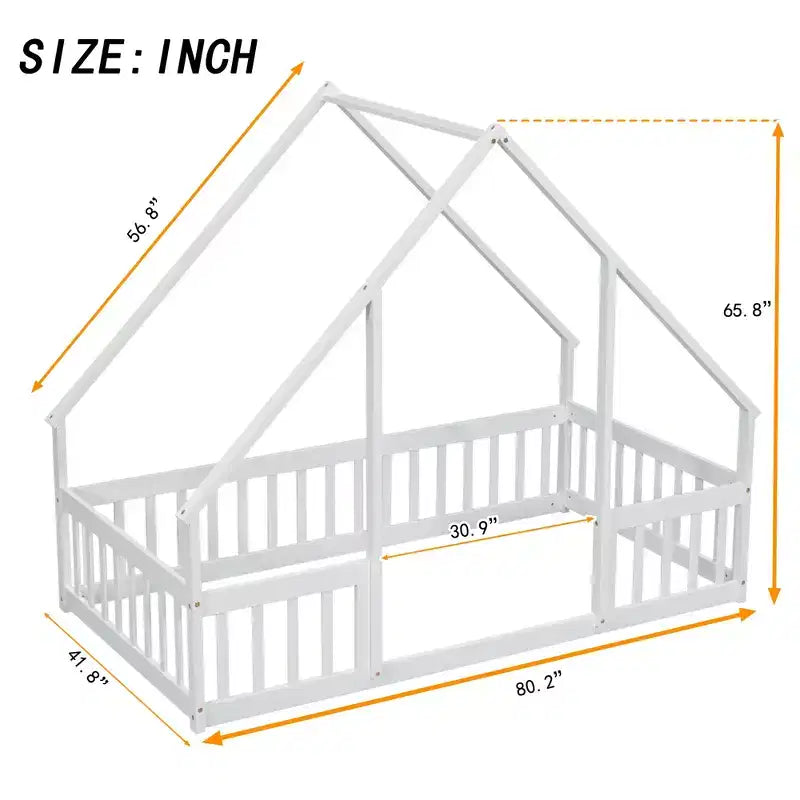 MAYEERTY Twin Wood House-shaped Floor Bed with Fence, Guardrails White