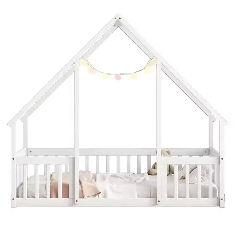 MAYEERTY Twin Wood House-shaped Floor Bed with Fence, Guardrails White
