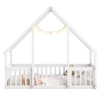 MAYEERTY Twin Wood House-shaped Floor Bed with Fence, Guardrails White