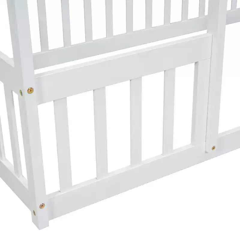 MAYEERTY Twin Wood House-shaped Floor Bed with Fence, Guardrails White