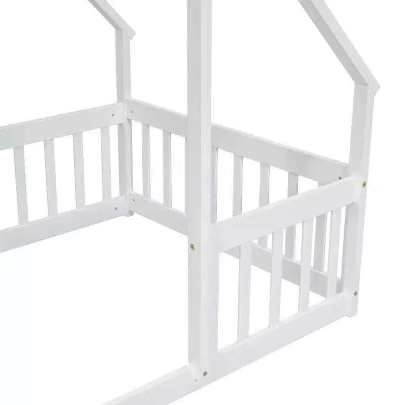MAYEERTY Twin Wood House-shaped Floor Bed with Fence, Guardrails White