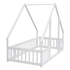 MAYEERTY Twin Wood House-shaped Floor Bed with Fence, Guardrails White