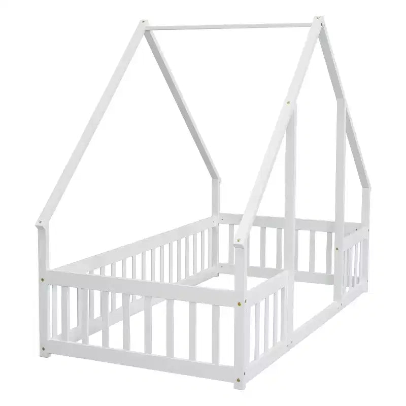 MAYEERTY Twin Wood House-shaped Floor Bed with Fence, Guardrails White