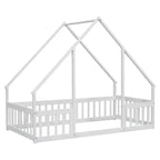MAYEERTY Twin Wood House-shaped Floor Bed with Fence, Guardrails White