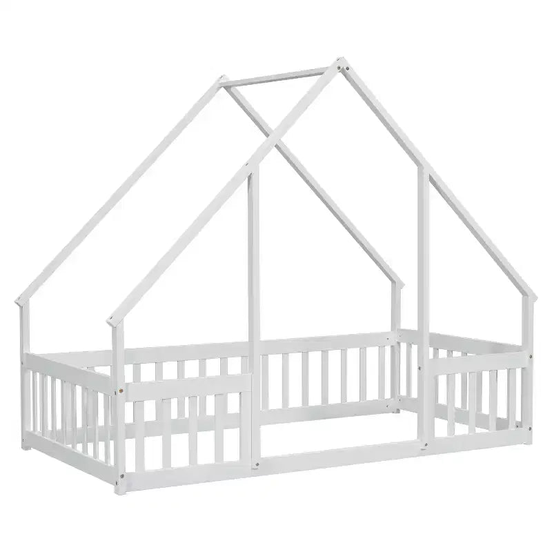 MAYEERTY Twin Wood House-shaped Floor Bed with Fence, Guardrails White