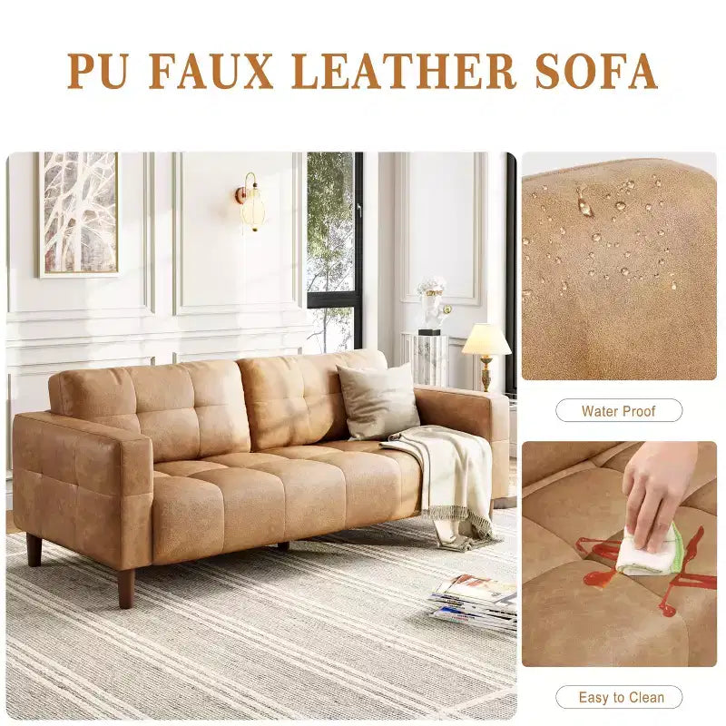 3-Seater Sofa Couch, 83 Wide Faux Leather Sofa Couch with Spring Cushion, Modern Sofa with Deep Seats Orange