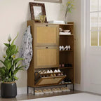 CuisinSmart 3 Tier Free Standing Shoe Cabinet with Natural Rattan, Shoe Organizer with Adjustable Shelves, Narrow Shoe Rack for Hallway, Wood