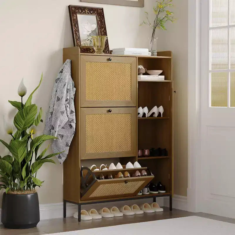 CuisinSmart 3 Tier Free Standing Shoe Cabinet with Natural Rattan, Shoe Organizer with Adjustable Shelves, Narrow Shoe Rack for Hallway, Wood