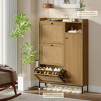 CuisinSmart 3 Tier Free Standing Shoe Cabinet with Natural Rattan, Shoe Organizer with Adjustable Shelves, Narrow Shoe Rack for Hallway, Wood
