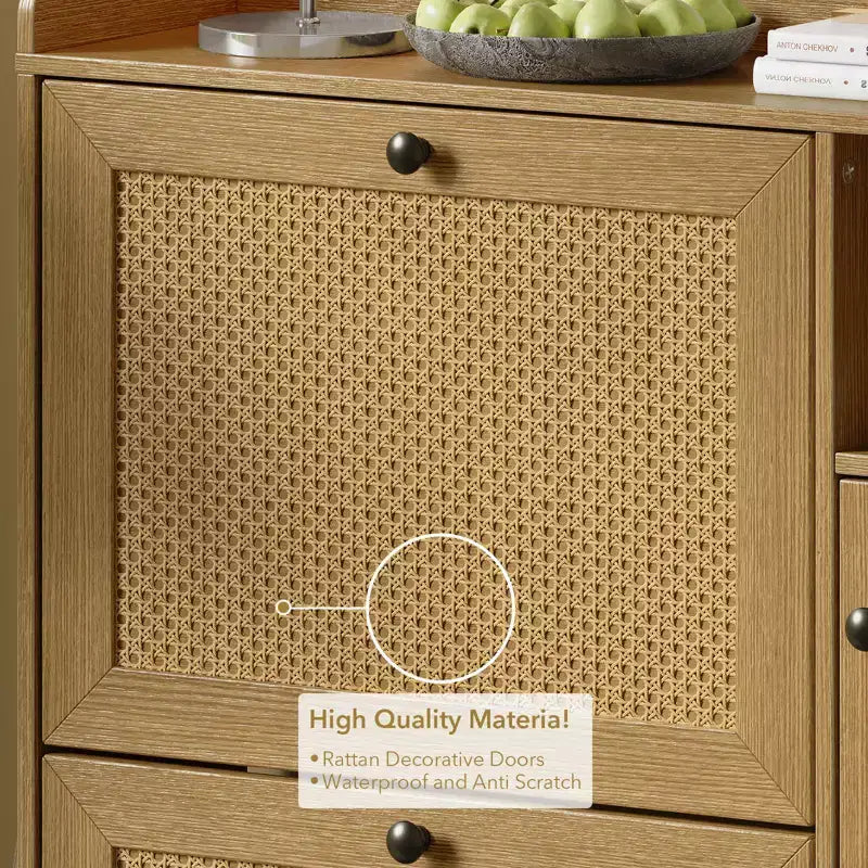 CuisinSmart 3 Tier Free Standing Shoe Cabinet with Natural Rattan, Shoe Organizer with Adjustable Shelves, Narrow Shoe Rack for Hallway, Wood