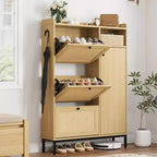 CuisinSmart 3 Tier Free Standing Shoe Cabinet with Natural Rattan, Shoe Organizer with Adjustable Shelves, Narrow Shoe Rack for Hallway, Wood