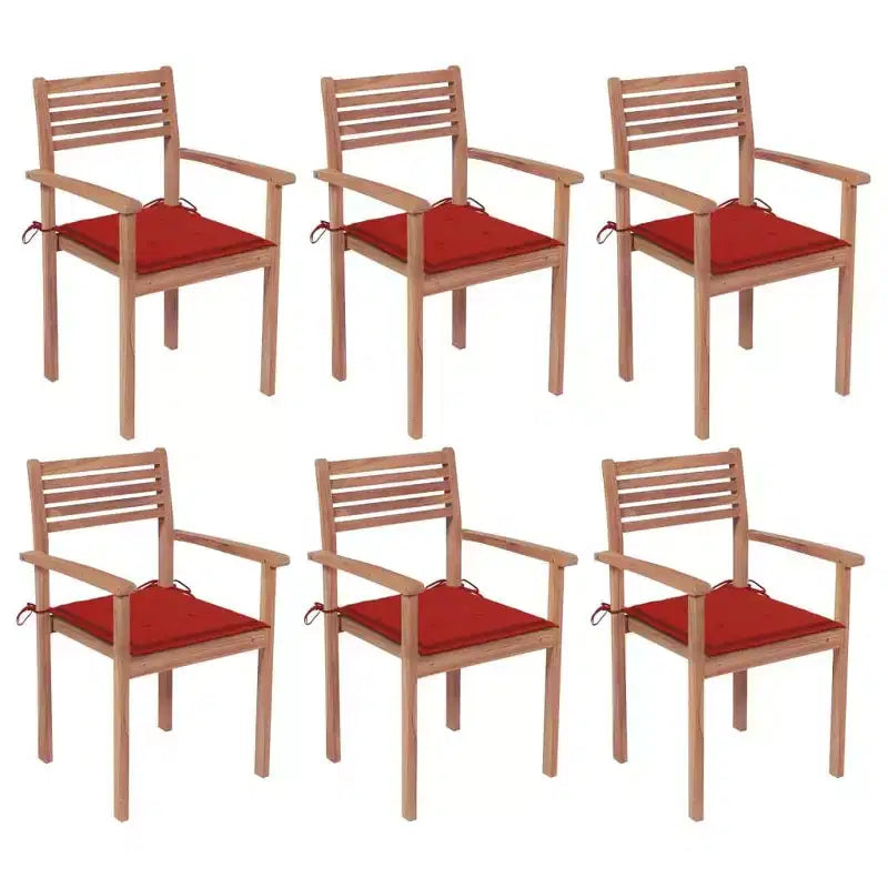vidaXL Solid Teak Wood Stackable Patio Chairs with Cushions - Set of 6, Easy Assembly, Comfortable Outdoor Seating, Weather Resistant and Durable