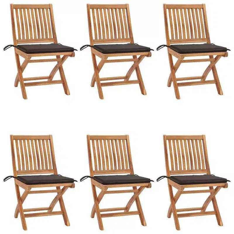 vidaXL Folding Patio Chairs with Taupe Cushions - 6 pcs Set, Solid Teak Wood Outdoor Garden Furniture, Easy Maintenance & Space Saving Design