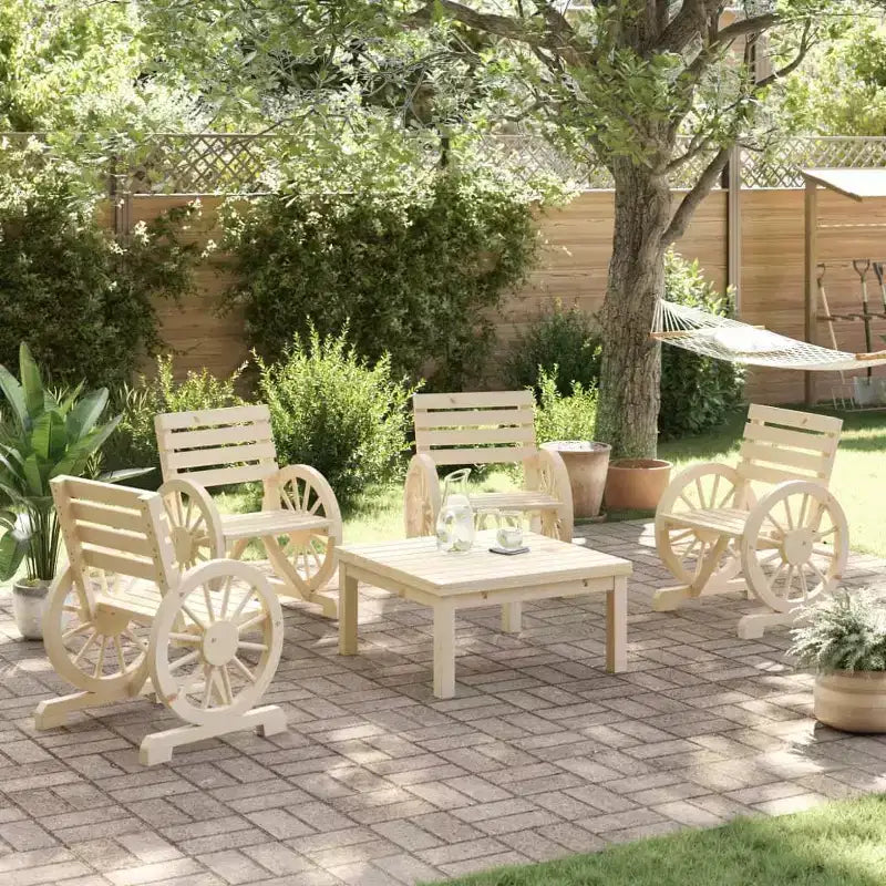 vidaXL Patio Chairs Set of 4 - Solid Fir Wood, Weather-Resistant Seating with Wagon Wheel Armrests for Garden/Terrace, Brown Farmhouse Style