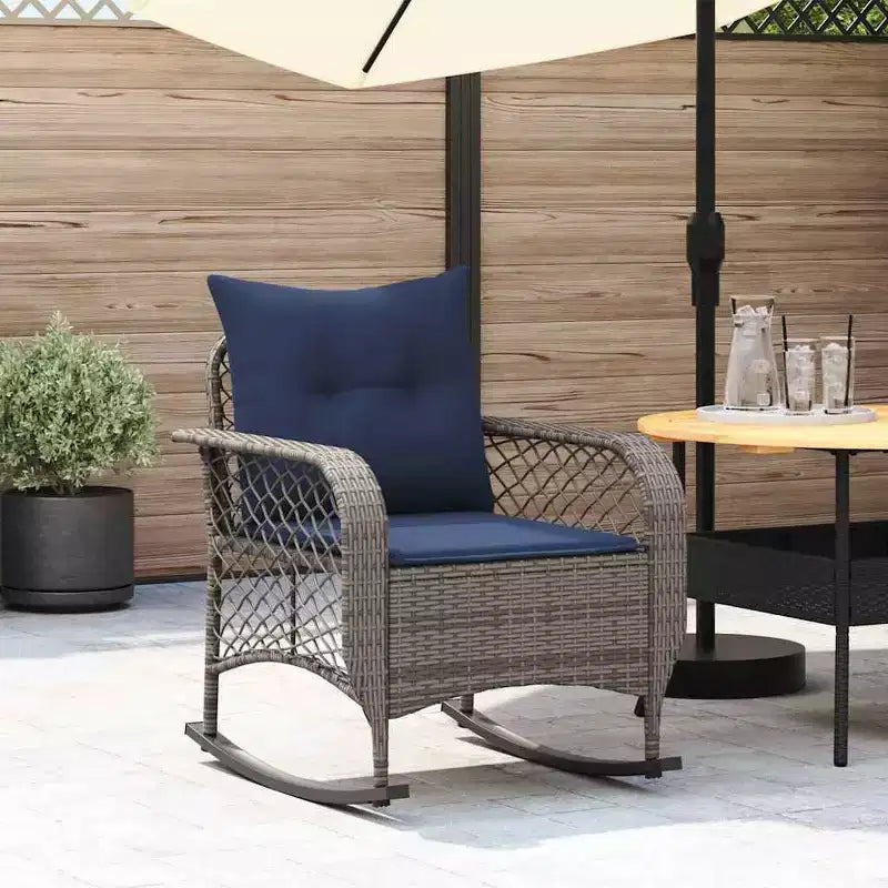 vidaXL Sedia a dondolo da giardino con cuscini Rattan sintetico grigio - Grigio e blu