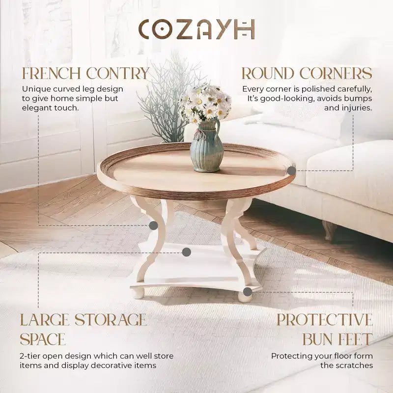 COZAYH Round Rustic Coffee Table Wood Tray Top Accent Centerpiece Storage, White